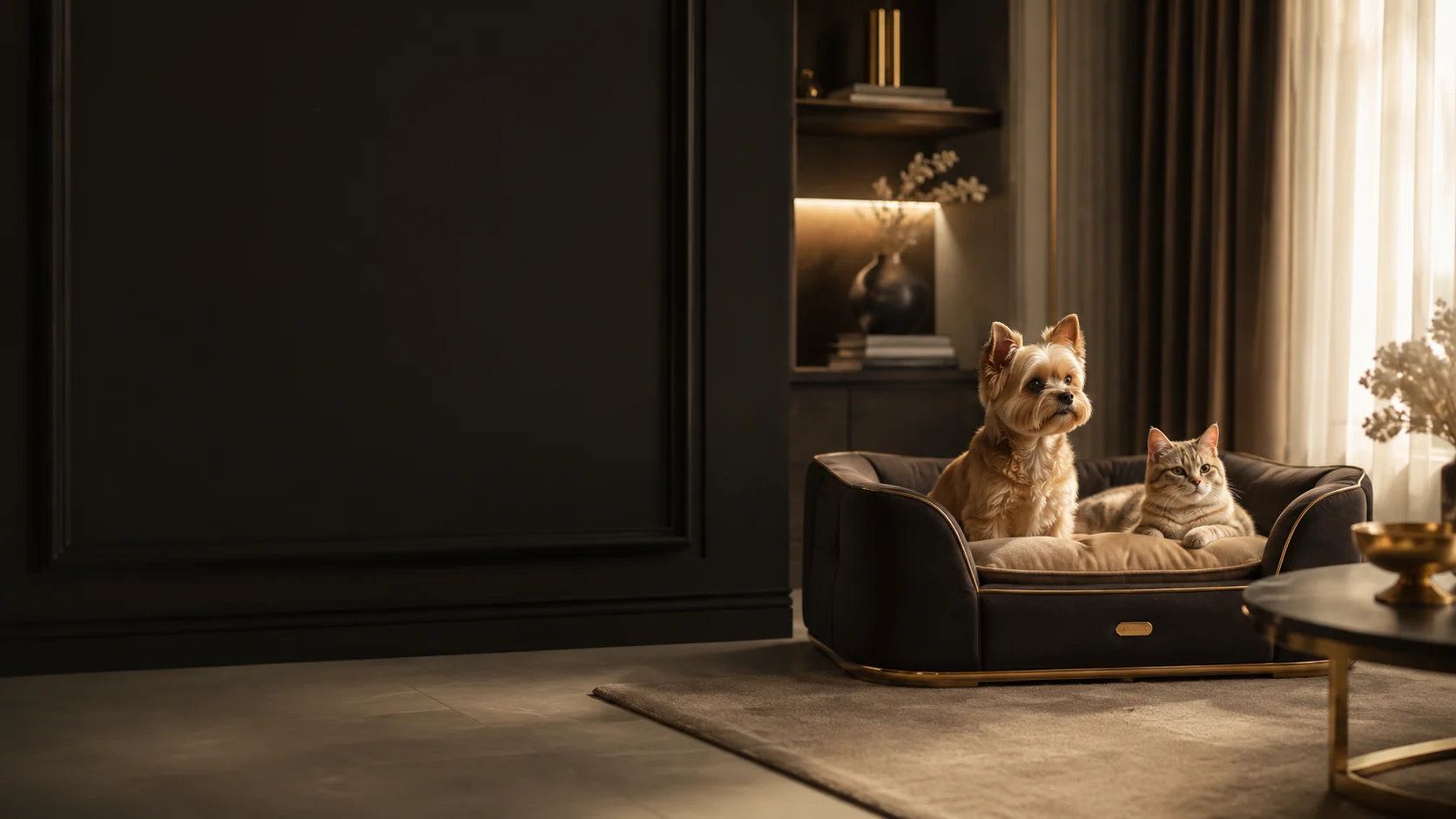 Premium pet bed σε κομψό εσωτερικό χώρο με σκύλο και γάτα
