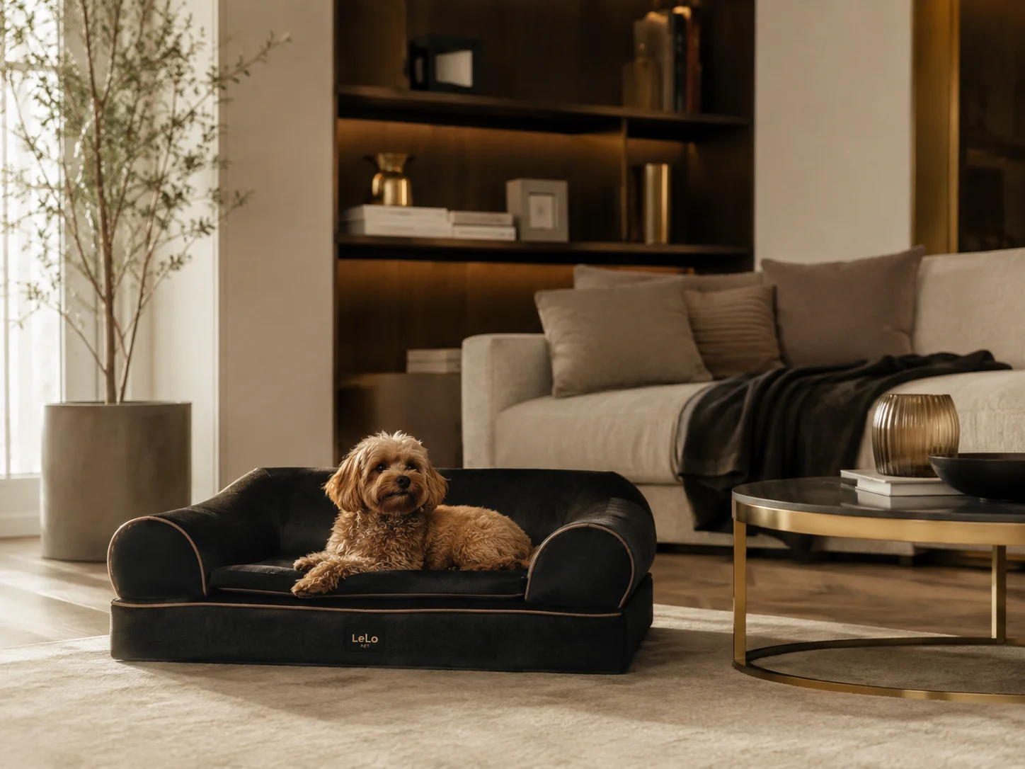Κομψό pet bed LeLo Pet σε μοντέρνο σαλόνι με μικρό σκύλο